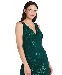 R & M Richards Women's Lace Sequin V-Neck Sleeveless Gown