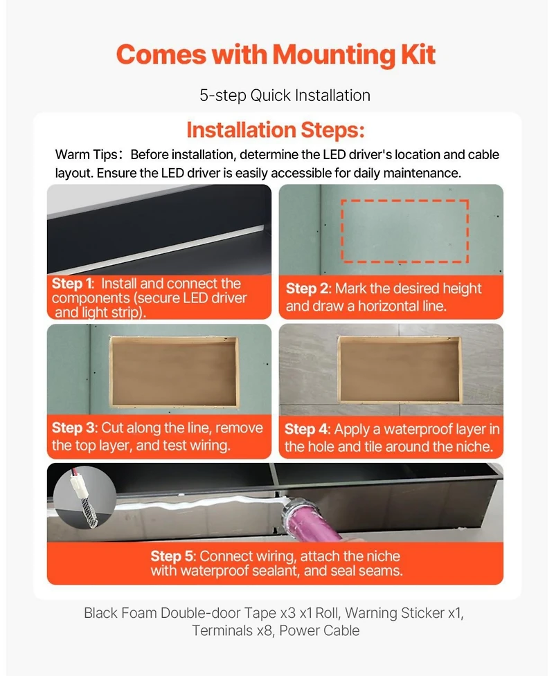 Slickblue Shower Niche Stainless Steel Recessed Shelf with Led Strip