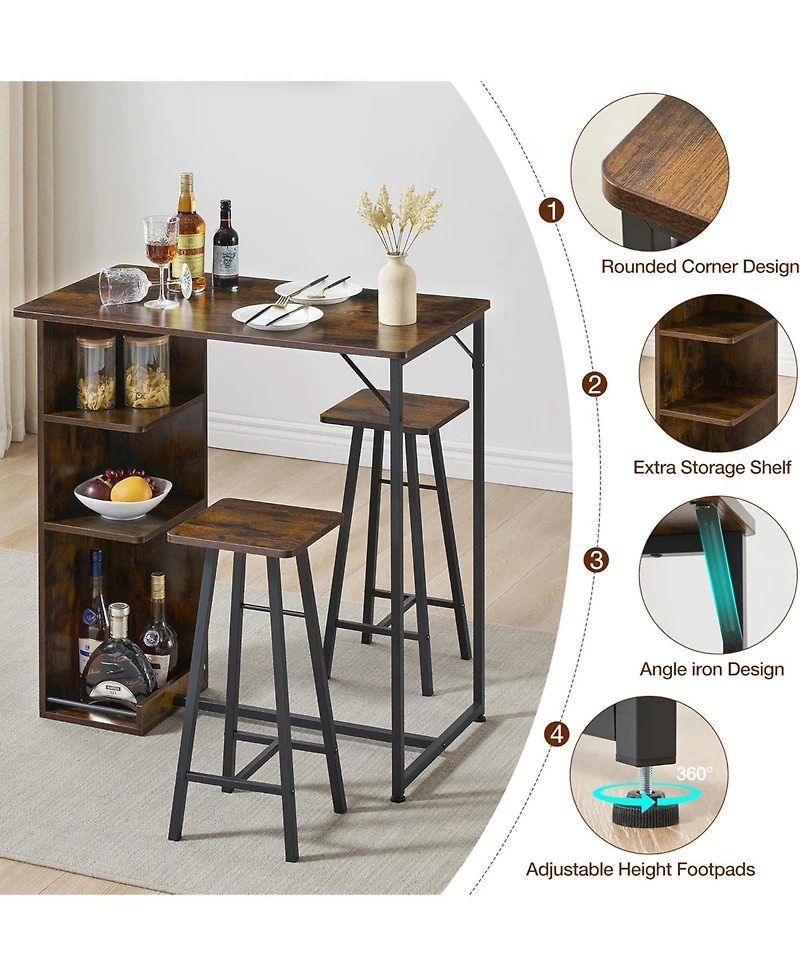 gaomon 3 Piece Small Bar Table and Chairs Set, Kitchen Table for 2 with 3 Storage Shelves, Dining Table with Stools for Small Apartment, Dining Room,