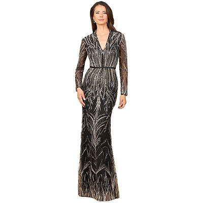 Lara Women's Mandarin V-Neck Gown with Long Sleeves