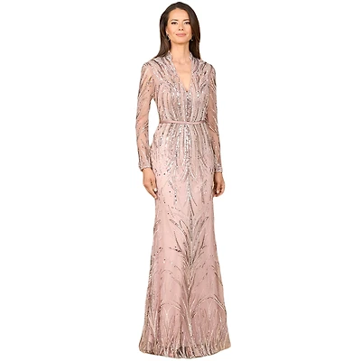 Lara Women's Mandarin V-Neck Gown with Long Sleeves