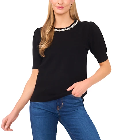 CeCe Women's Embellished Neck Trim Short Sleeve Sweater Top