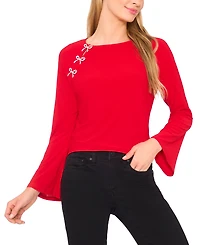 CeCe Women's Imitation Pearl Bow Long-Sleeve Knit Top