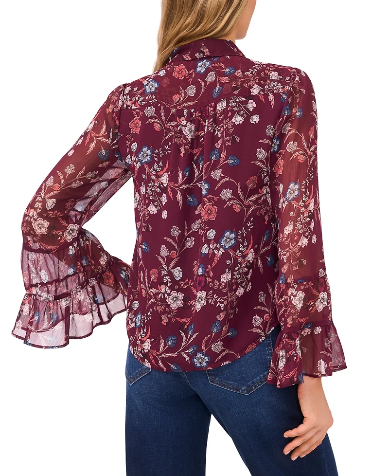 CeCe Women's Long Sleeve Double Ruffle Cuff Button Top