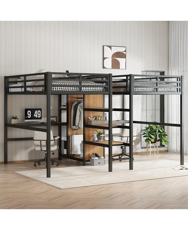 Streamdale Furniture Twin Metal Loft Bed with Desk Wardrobe & Shelves - Woodgrain