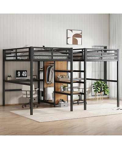 Streamdale Furniture Twin Metal Loft Bed with Desk Wardrobe & Shelves - Woodgrain