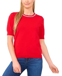 CeCe Women's Embellished Neck Trim Short Sleeve Sweater Top