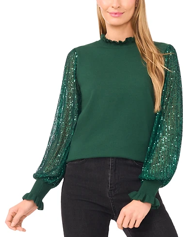 CeCe Women's Ruffle Trim Sequin Long Sleeves Sweater