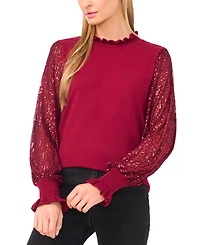 CeCe Women's Ruffle Trim Sequin Long Sleeves Sweater