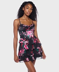 Alex & Sophia Juniors' Tiered Satin Skirt Corset Draped Neck Dress