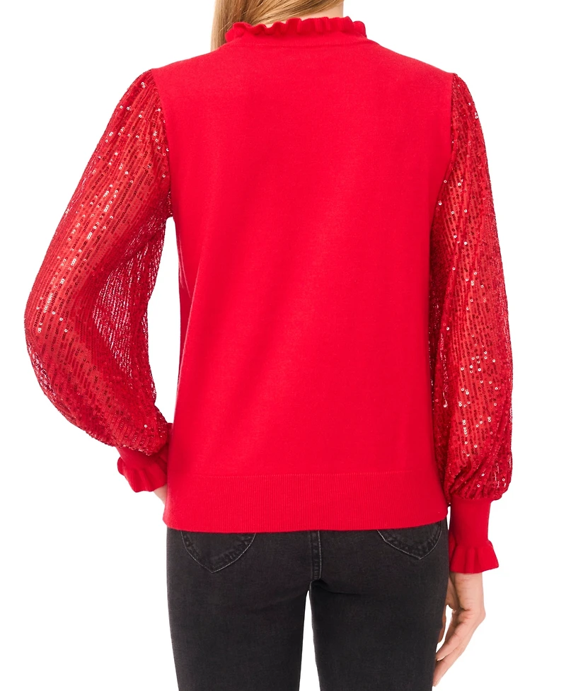 CeCe Women's Ruffle Trim Sequin Long Sleeves Sweater