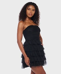 B Darlin Juniors' Strapless Side-Shirred Tiered Glitter Mini Dress