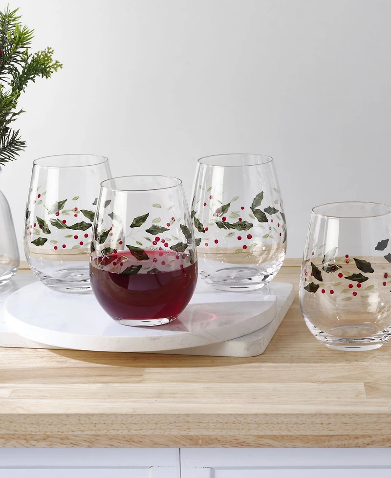 Winterberry Holiday Stemless Wine Glasses, Set of 4