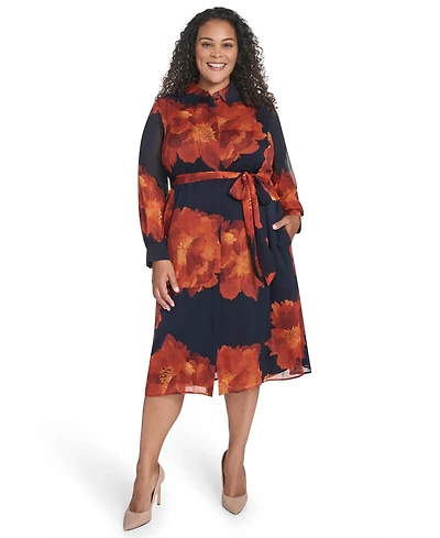 Calvin Klein Plus Long-Sleeve Printed Midi Dress