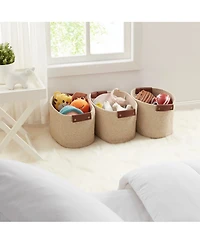 Ornavo Home 3 Pack Cotton Rope Shelf Storage Basket with Faux Leather Handles