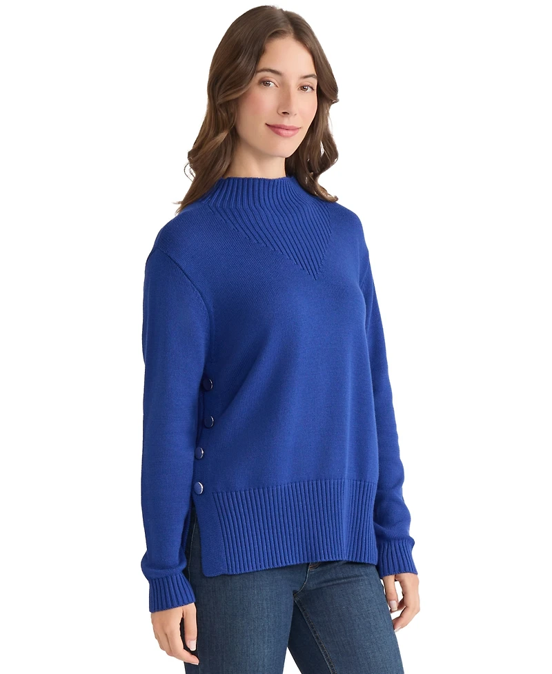 Jones New York Women's Side Seam Button Mock Neck Sweater