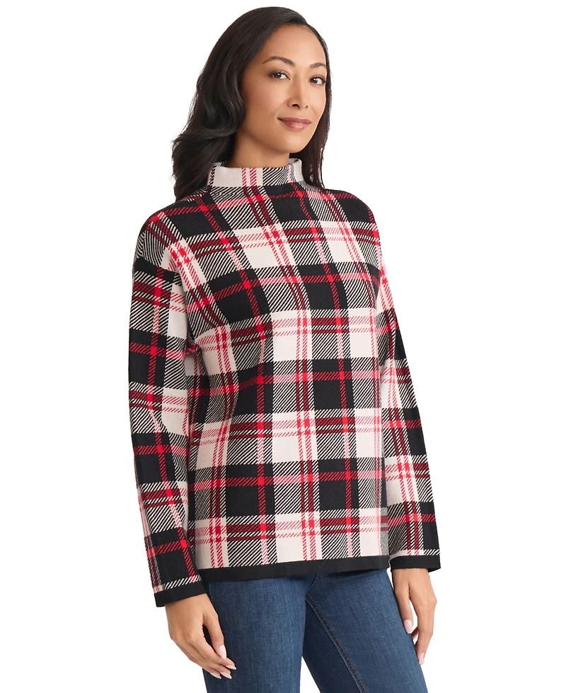 Jones New York Women's Birdseye Plaid Funnel Mock Neck Sweater