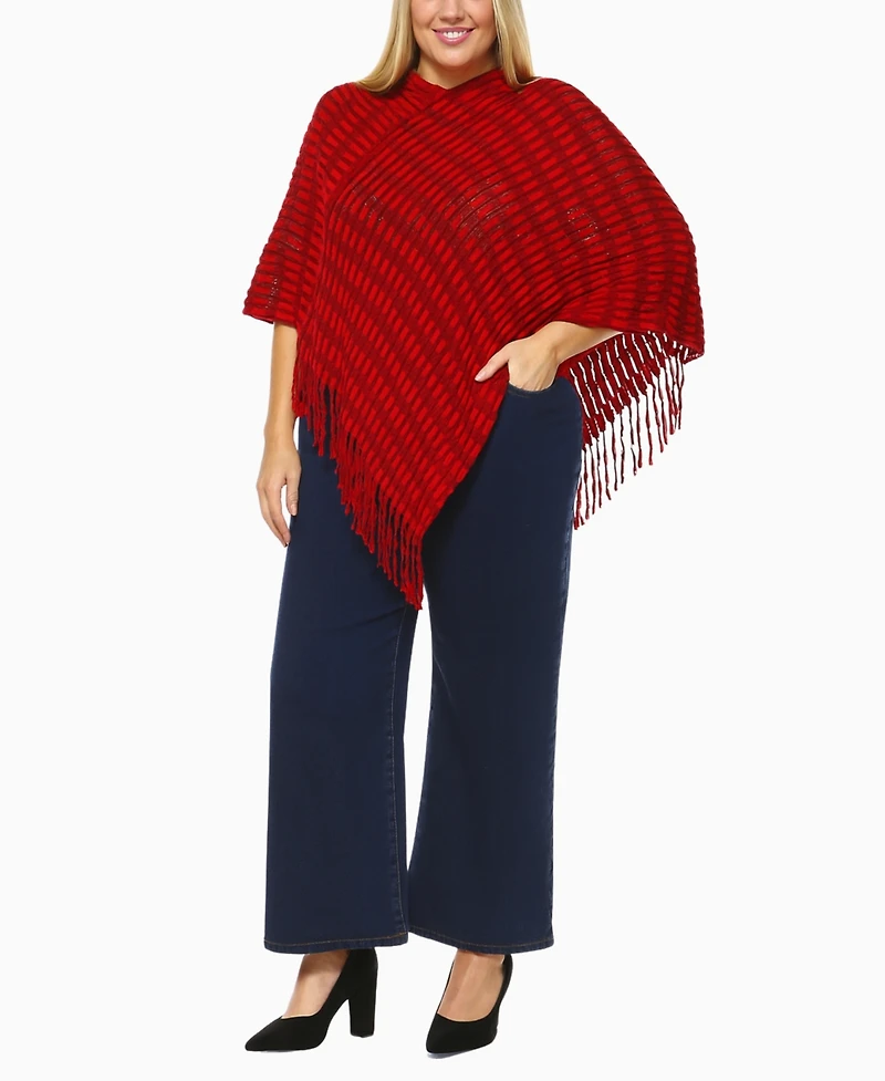 White Mark Plus Size Textured Knit Fringe Poncho