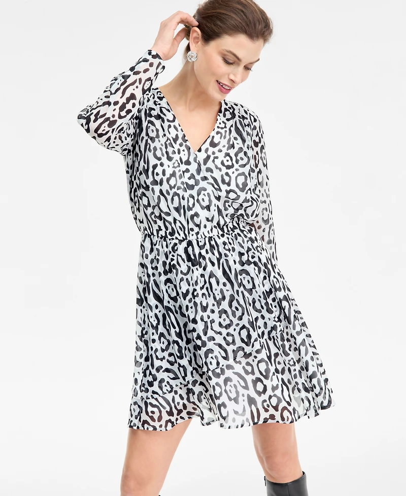I.n.c. International Concepts Women's Printed Long-Sleeve Surplice Mini Dress, Macy's Exclusive