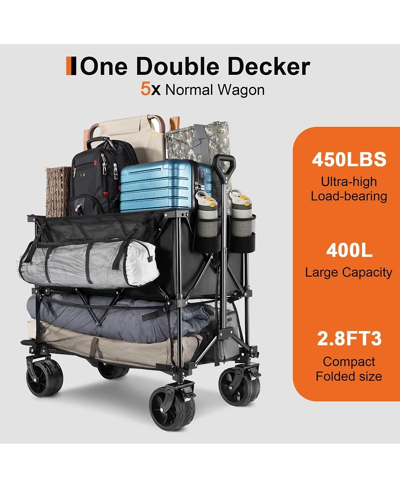 450lbs Heavy Duty Double Decker Collapsible Folding Wagon Cart with 360° Wheels, and Extra Storage