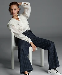 Karl Lagerfeld Paris Women's Striped Denim Belted Wide-Leg Pants
