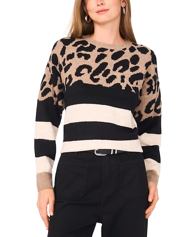 Vince Camuto Women's Cozy Crewneck Animal-Print Stripe Long-Sleeve Sweater