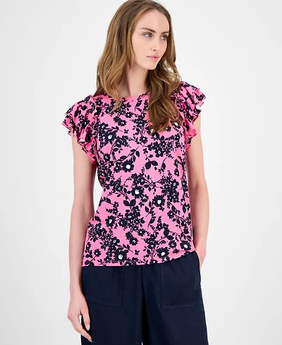 Tommy Hilfiger Women's Floral Ruffled Cap-Sleeve Top