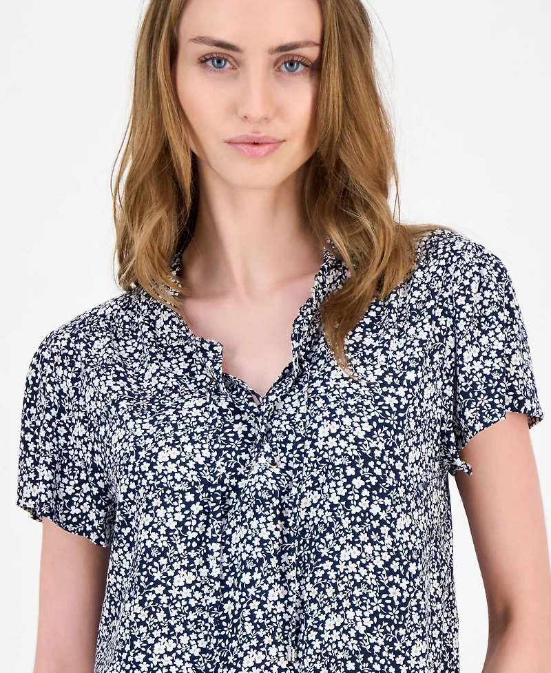Tommy Hilfiger Women's Floral Lace-Up Short-Sleeve Blouse