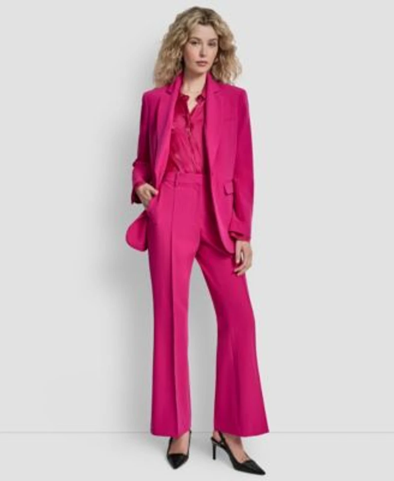 Dkny Womens Single Button Long Sleeve Blazer Printed Long Sleeve Top Pintuck Fit Flare Trousers