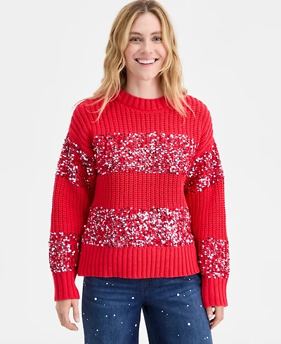 On 34th Women's Sequin Stripe Crewneck Sweater, Macy's Exclusive