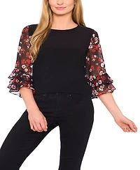 Cece Women's Double Ruffle 3/4 Sleeve Mixed Media Top