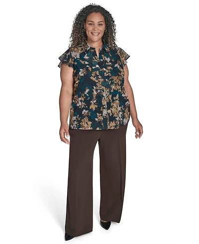 Calvin Klein Plus Printed Cap-Sleeve Ruffle-Front Blouse
