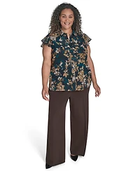 Calvin Klein Plus Printed Cap-Sleeve Ruffle-Front Blouse