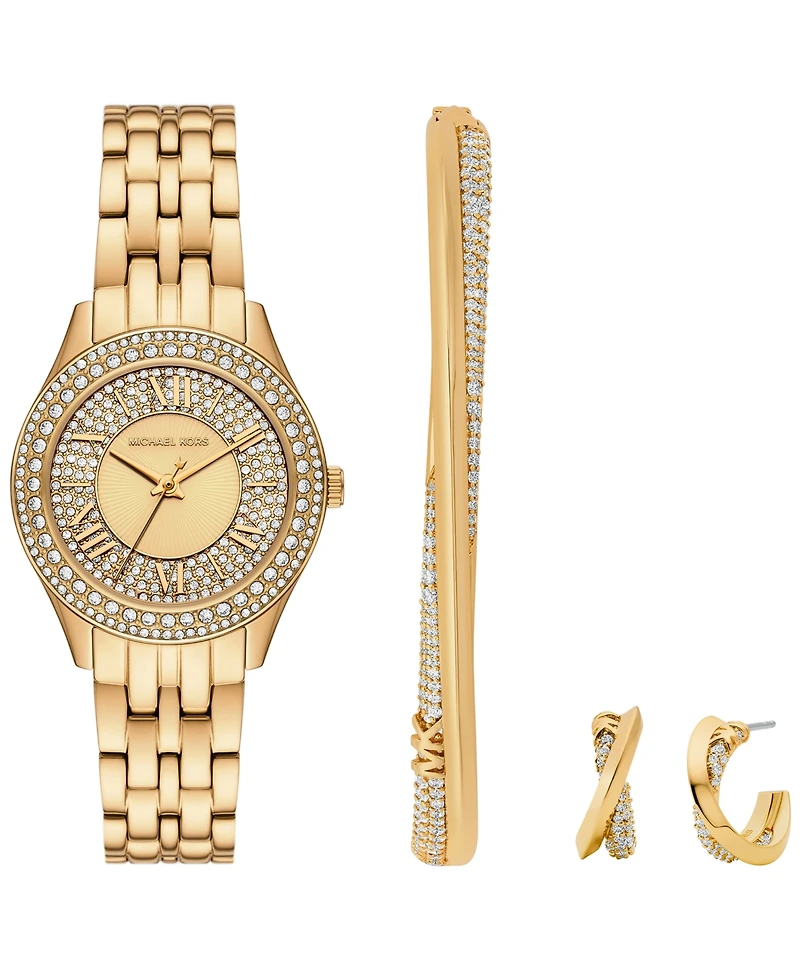 Michael Kors Women's Harlowe Three-Hand Gold-Tone Stainless Steel Watch Set, 33mm