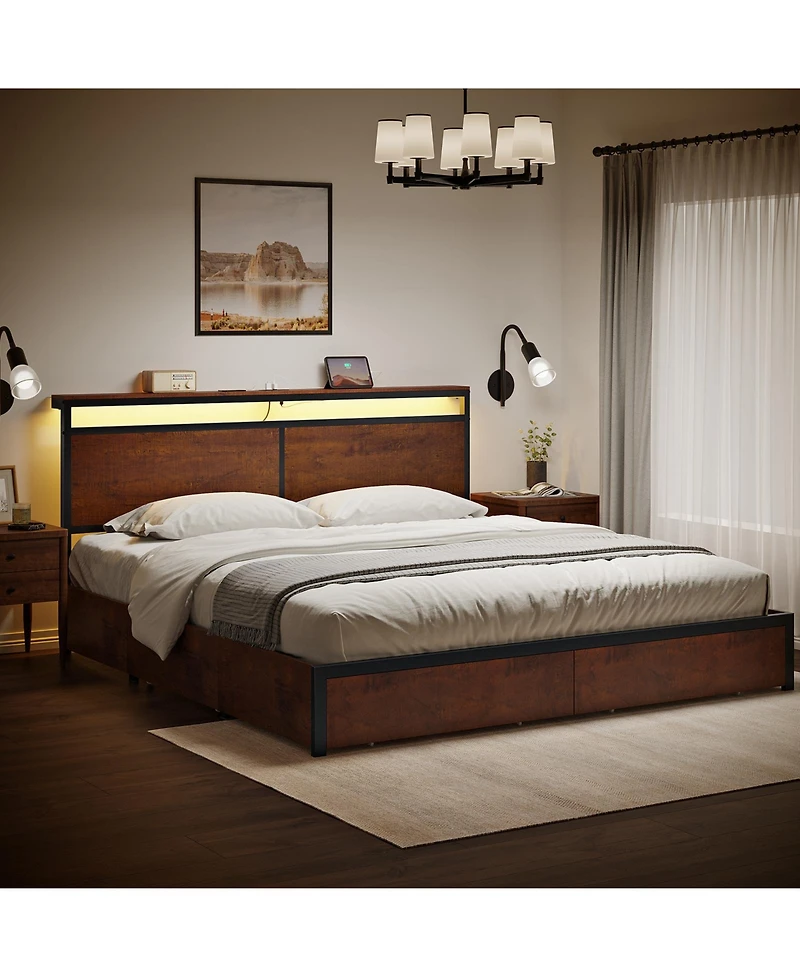 Hausource King Size Bed Frame with Led Storage Headboard & 4 Drawers & Charging Station Brown