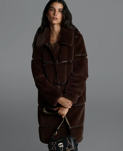 Karl Lagerfeld Paris Womens Faux-Leather Trim Faux-Fur Coat