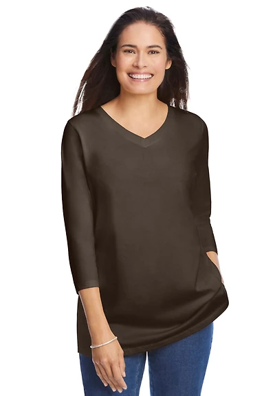 Woman Within Plus Perfect Three-Quarter Sleeve V-Neck Tee