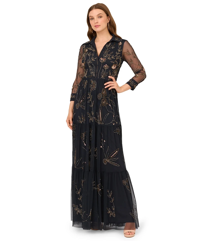 Adrianna Papell Women's Beaded Long Sleeve Maxi Dress
