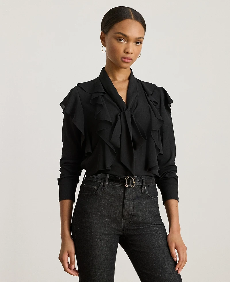 Lauren Ralph Women's Ruffle Detail Tie-Neck Blouse