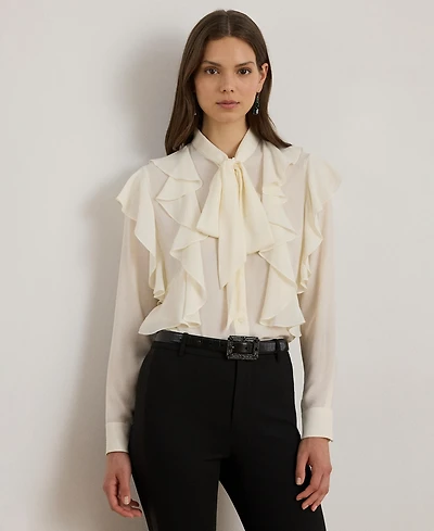 Lauren Ralph Women's Ruffle Detail Tie-Neck Blouse