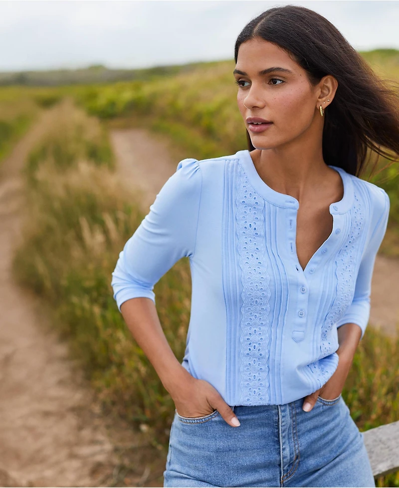 Lands' End Women's 3/4 Sleeve Lightweight Jersey Embellished Top