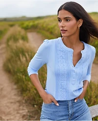 Lands' End Women's 3/4 Sleeve Lightweight Jersey Embellished Top