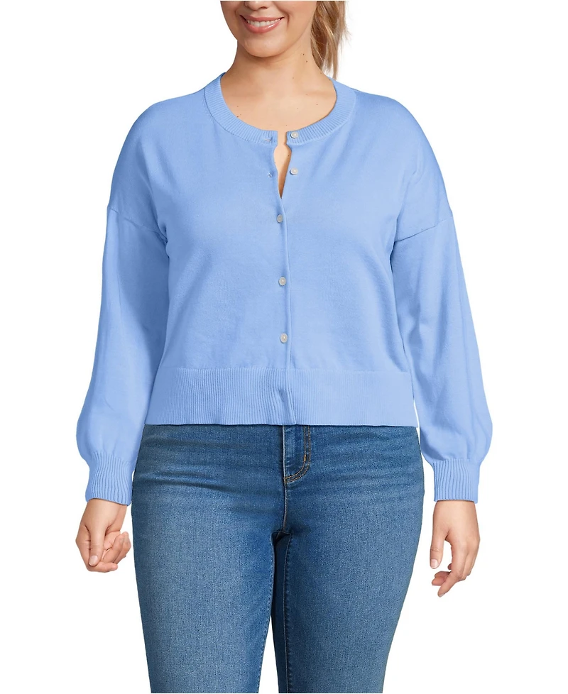 Lands' End Plus Cropped Fine Gauge Crew Neck Cardigan Sweater