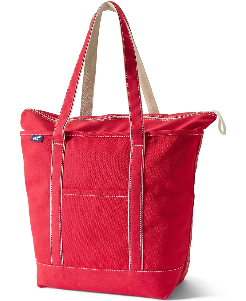 Lands' End Large Solid Color 5 Pocket Zip Top Long Handle Canvas Tote Bag