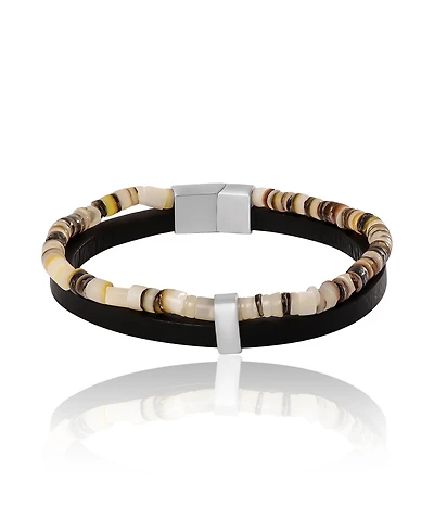 Lucky Brand Mens Layered Bracelet with Wood Beads and Leather Strap