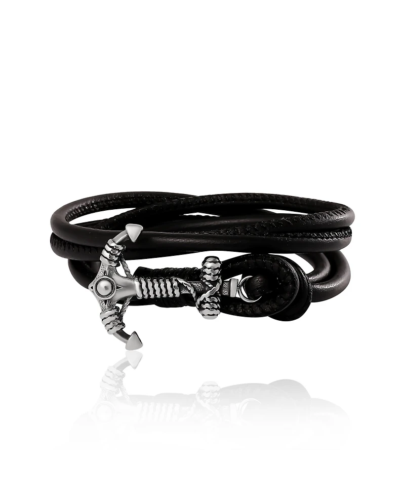 Lucky Brand Mens Black Leather Anchor Wrap Bracelet with Adjustable Fit