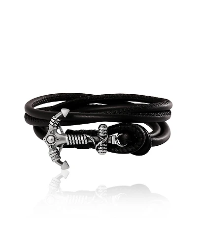 Lucky Brand Mens Black Leather Anchor Wrap Bracelet with Adjustable Fit