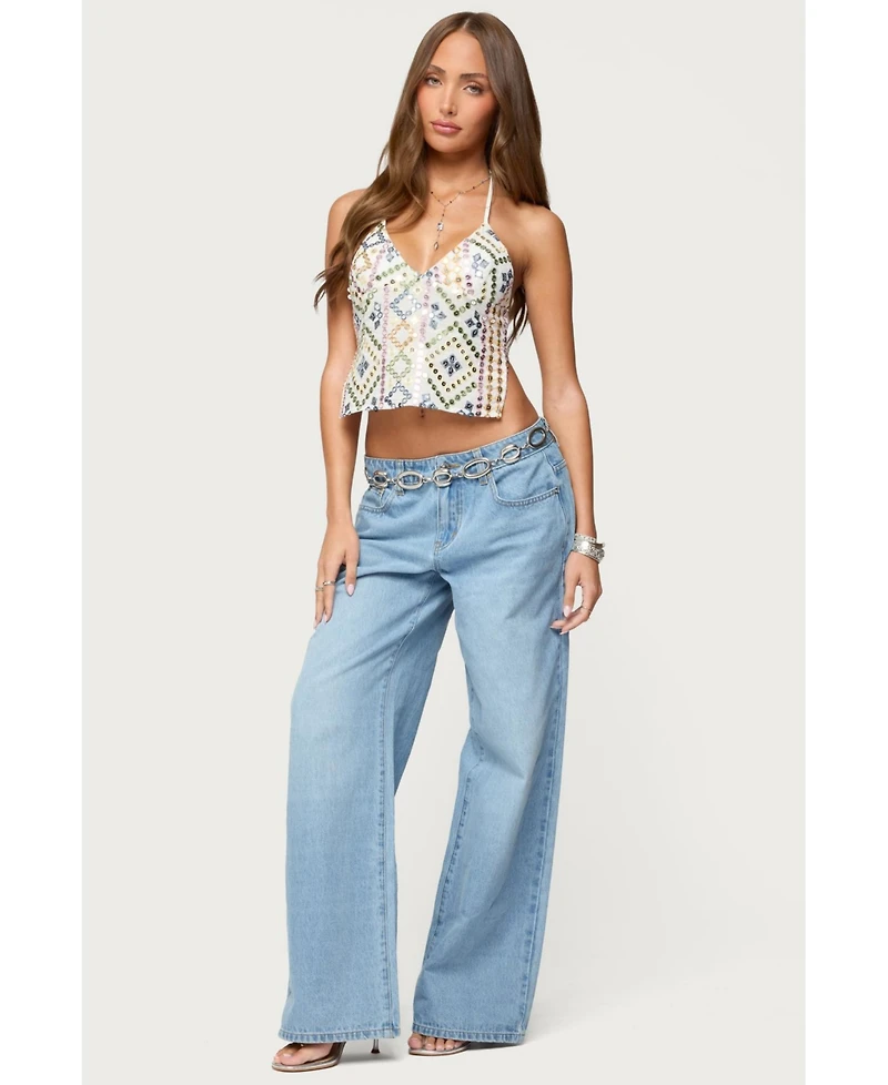 Edikted Women's Mirra Embroidered Flower Low Rise Jeans