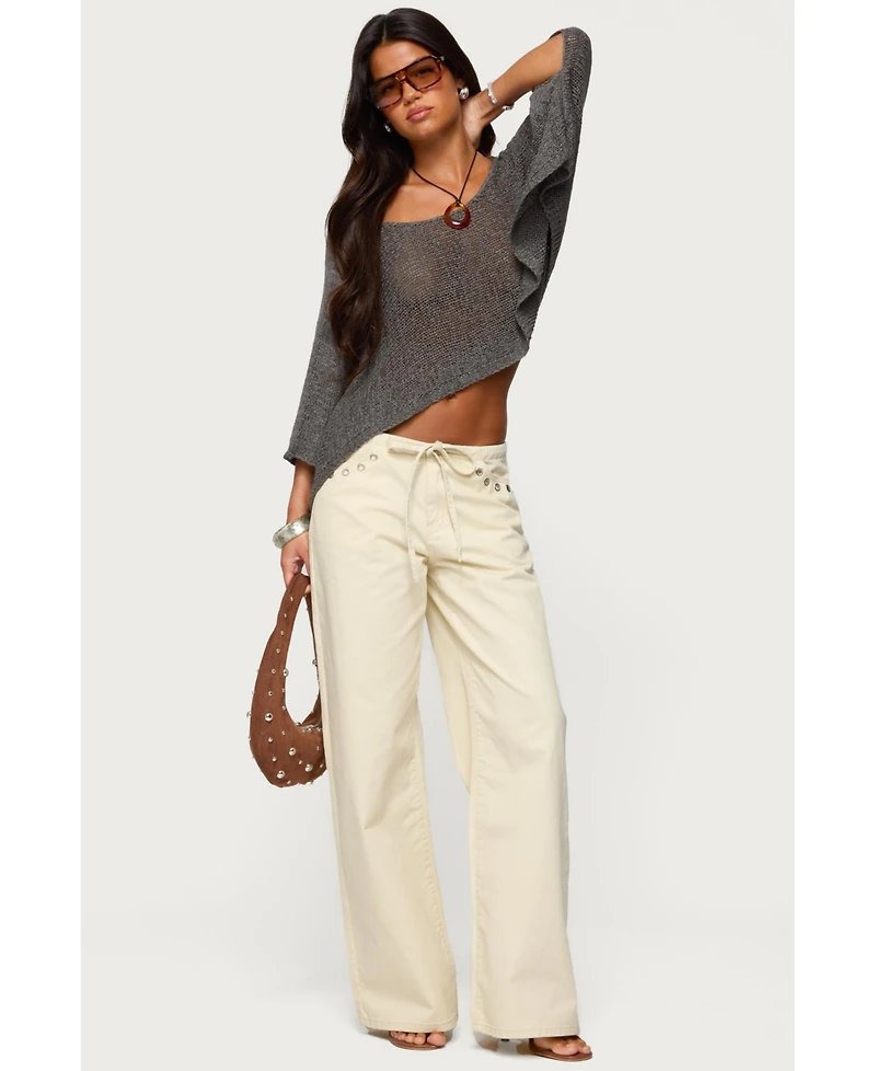 Edikted Womens Grommet Tie Waist Low Rise Jeans