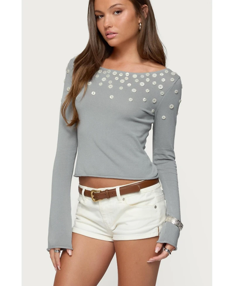 Edikted Womens Iridescent Button Boat Neck Top